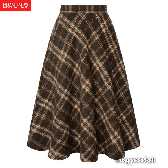Plaid Midi Skirt with Pockets High Elastic Waist A-Line Fall Winter - Picture 1 of 8